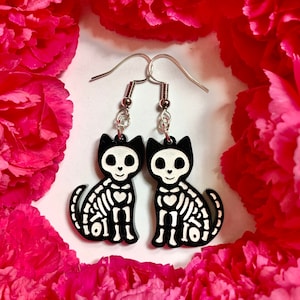 Hand Painted Cat Skeleton Earrings: Spooky Halloween Jewelry