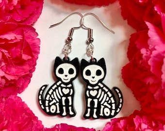 Hand Painted Cat Skeleton Earrings: Spooky Halloween Jewelry