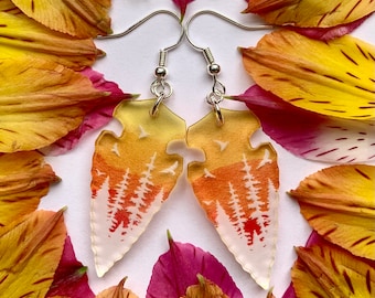Translucent Arrowhead Earrings: Sunrise Forest Scene