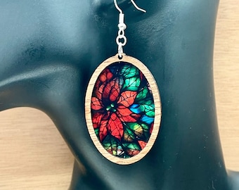 Poinsettia Wood Earrings: Faux Stained Glass Acrylic