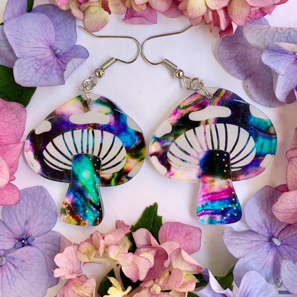 Tie-dye mushroom shaped earrings, rainbow mushroom earrings