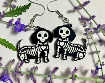 Hand Painted Dachshund Skeleton Earrings: Spooky Halloween Jewelry