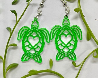 Green Sea Turtle Earrings: Frosted Acrylic Turtle Jewelry
