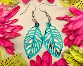 Teal Adansonii Leaf Earrings: Lightweight Monstera Jewelry