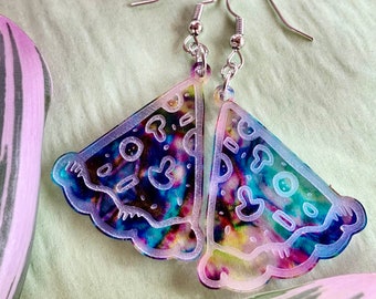 Rainbow tie-dye pizza slice earrings, Pizza slice dangle earrings