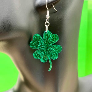 Four-Leaf Clover Earrings, Glittery Shamrock Dangles