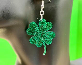 Four-Leaf Clover Earrings, Glittery Shamrock Dangles