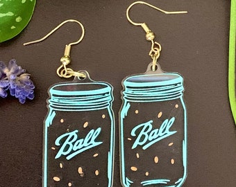 Jar of fireflies earrings, Lightning bugs in a mason jar jewelry, Fireflies in a Ball jar dangle earrings