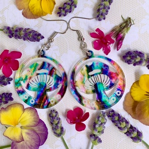 Tie-dye Mushroom dangle earrings, Psychedelic Mushroom Jewelry, Rainbow Fungi earrings