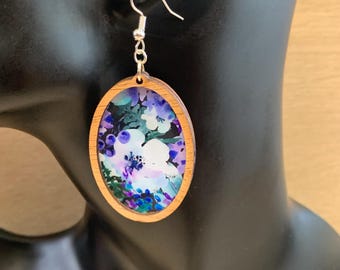 Blueberries and Flowers Wooden Oval Earrings