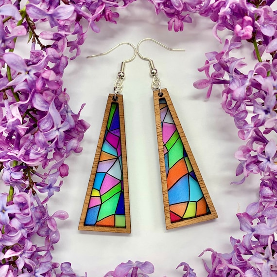 Mosaic Acrylic Dangle Earrings: Lightweight Wood Frame, Sterling Hardware