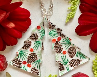 Pinecones and Berries Earrings, Pine Tree Earrings with Pinecones and Holly Berries