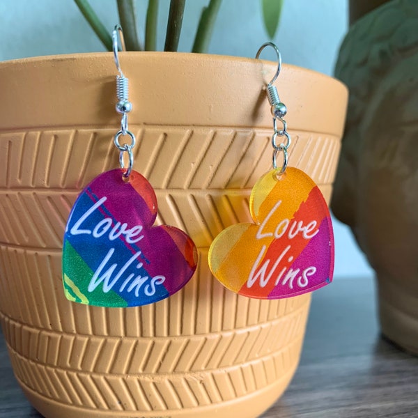 Love Wins Rainbow Striped Heart Earrings