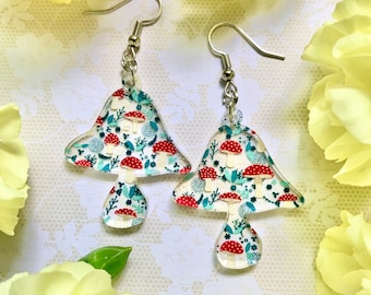 Amanita Mushroom Dangle Earrings: Printed Acrylic