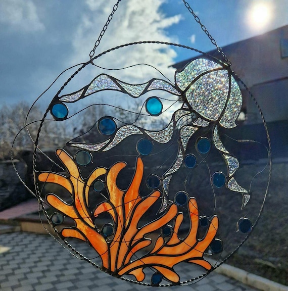 クラゲのステンドグラスパネル 12インチ サンゴ礁 海中サン