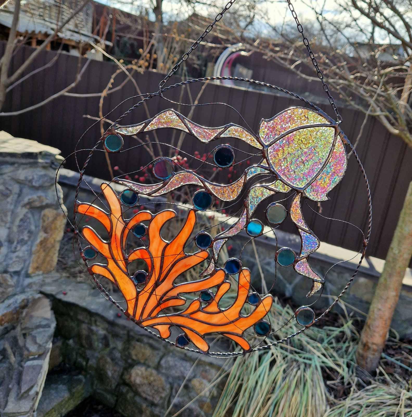 クラゲのステンドグラスパネル 12インチ サンゴ礁 海中サン