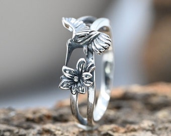 925 sterling zilveren kolibrie ring, bloemen ring, handgemaakte jewerly unieke moderne dier sierlijke unisex mannen vrouwen verjaardagscadeau voor haar/hem