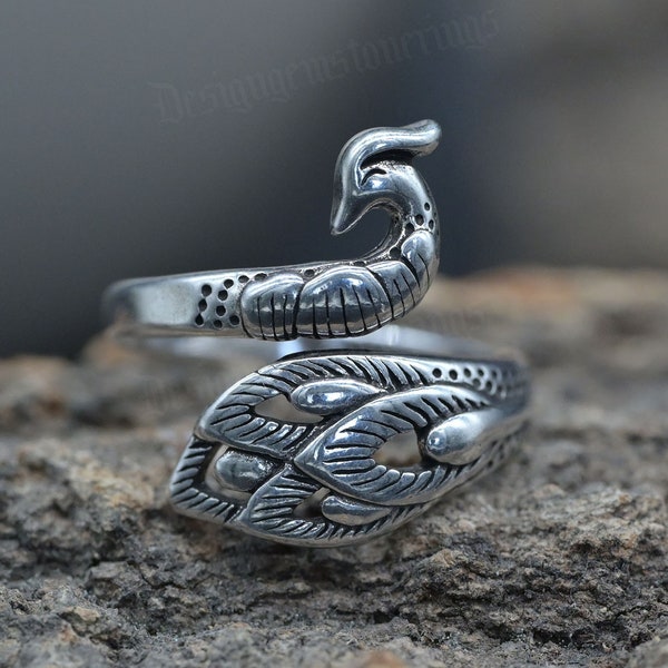 Fine retro peacock ring solid s925sterling silver open band unisex Animal rings Halloween Ring gothicStyle Bird Jewelry Peacock Feather Ring