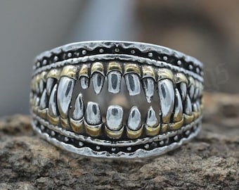 Bague vintage en argent sterling 925 avec dents de diable rétro, bague féroce petit monstre, bande hip-hop punk gothique pour homme, bijoux faits main, cadeau pour lui