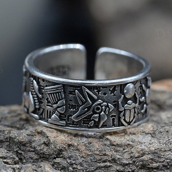 Dieux égyptiens en relief thaïlandais bague en argent rétro Horus oeil unique mode mâle cuivre anneau fin anneau personnalité bague en argent