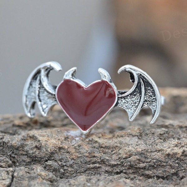 Retro red heart demon wings ring heart ring bat wings ring personality ring gothic halloween gift for him