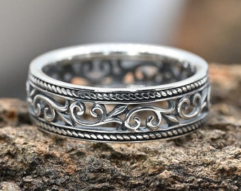 Floral Band RingFloral Sterling Silver RingHandmade 925 SilverSilver Floral Ring|Punk Gothic JewelryBiker Mens oxidized jewelry gift her him