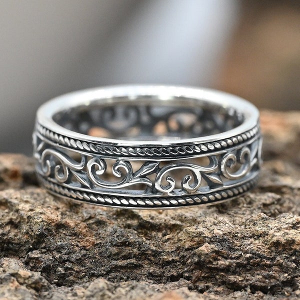 Floral Band RingFloral Sterling Silver RingHandmade 925 SilverSilver Floral Ring|Punk Gothic JewelryBiker Mens oxidized jewelry gift her him