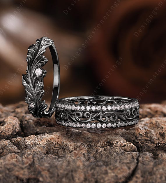 Black Gold Leaf Diamond Couples Ring Set Black Matching Promise Ring His and Her Wedding Band Gothic Black Biker Mens Ring Anniversary Gifts Etsy