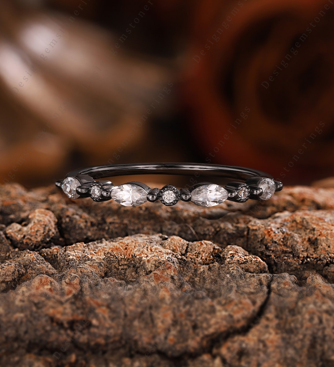 Gothic Black Gold Moissanite Wedding Ring, Vintage Diamond Matching ...