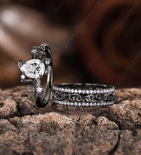 Black Gold Moissanite Ring Set for Couples His and Hers Wedding Band Black Gold Rings Gothic Biker Mens Black Gold Band Anniversary Gifts