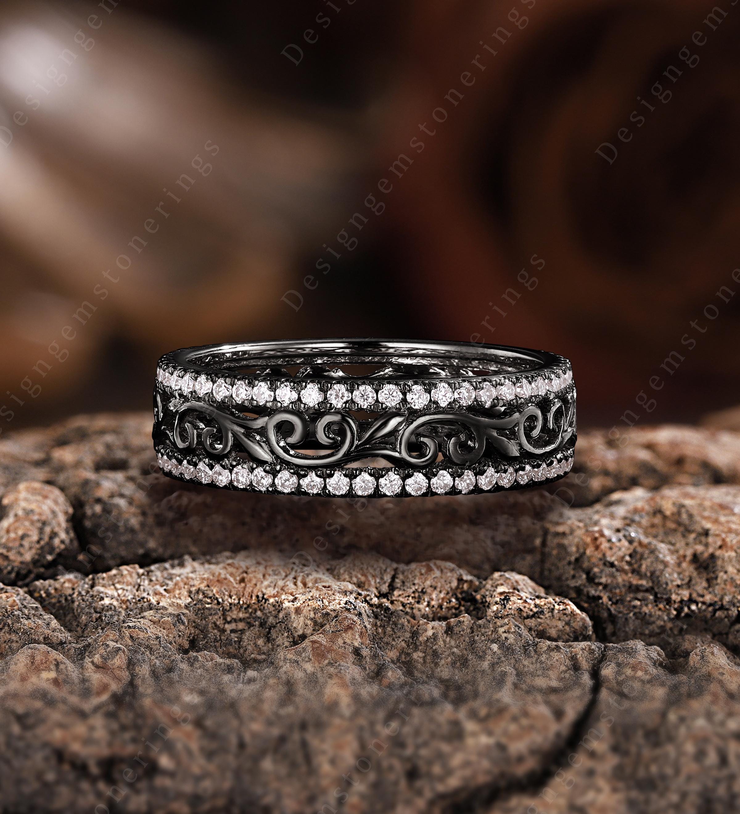 Black Gold Leaf Diamond Couples Ring Set Black Matching