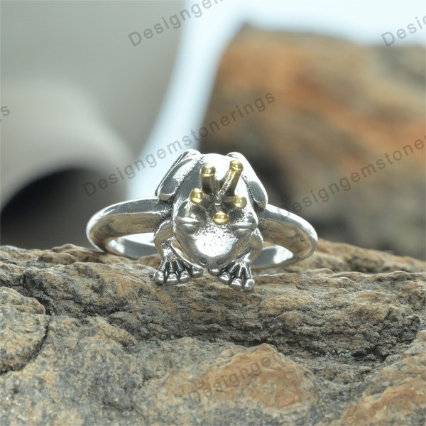 925 Sterling Silver Gold Crown Frog Ring Unique Frog Prince Ring Couple Engagement Ring Anniversary Gift for Him