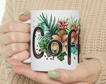 Tropical Ceramic Mug, 11oz, Coffee Cup, Topical Gift, Tea Mug, Colorful Graphic Mug, Travel Gift, Hot Chocolate Drink