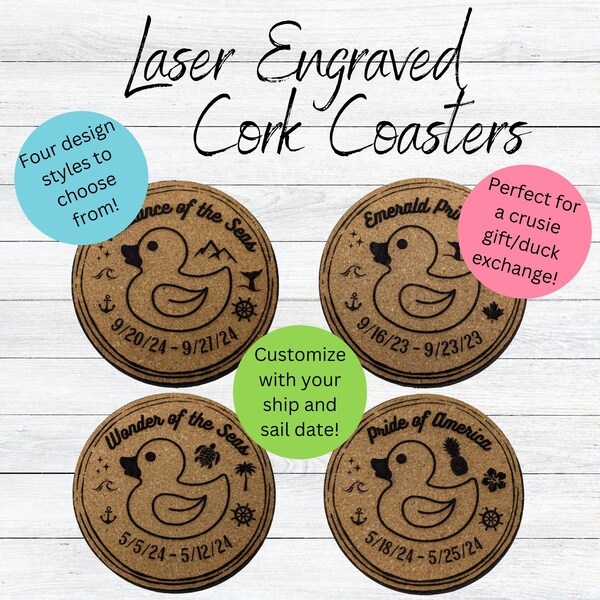 Cruising Ducks Laser Engraved Custom Cork Coasters, Rubber Duck Coasters, Personalized Coasters, Rubber Ducky Coasters, Custom Coasters Gift