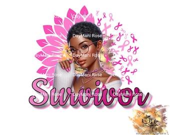 Könnte beinhalten: Digitale Illustration einer Frau mit kurzen schwarzen Haaren, Brille und rosa Schmuck. Das Wort "Survivor" ist in rosa Schrift geschrieben. Rosa Schleifen und eine rosa Blume sind im Hintergrund. Das Bild hat den Text "DayMani Rose".