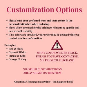 May include: A peach-colored graphic with the title "Customization Options" in maroon. The text provides instructions for personalization, including team colors and shirt color information. An exclamation point symbol is present.