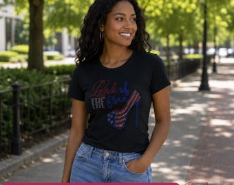 Land of the Free Rhinestone T-Shirt, Patriotic Glam Tee, Red White Blue Shirt, 4th of July Shirt Women, Sparkly USA Shirt