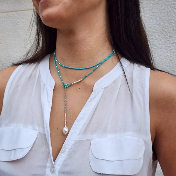 collar largo de color turquesa, collar de turquesa y plata, collar de Toho beads, collar boho con beads de turquesa ,plata y perla cultivada
