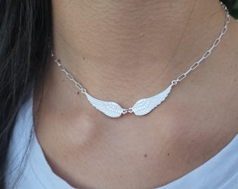 Sterling zilveren ketting met engelenvleugels, engelenvleugels, hemelse sieraden, spirituele sieraden