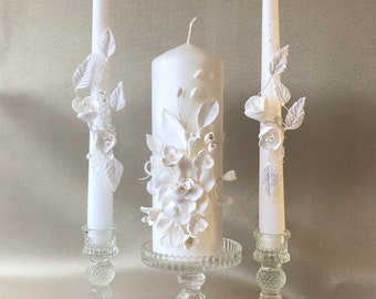 White Wedding Candles White Unity Candle Set Botanik Unity Candle Set Floral Wedding Candle Set Engagement Candles Unity Candle Set Wedding