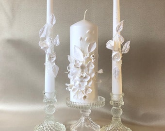 White Wedding Candles White Unity Candle Set Botanik Unity Candle Set Floral Wedding Candle Set Engagement Candles Unity Candle Set Wedding