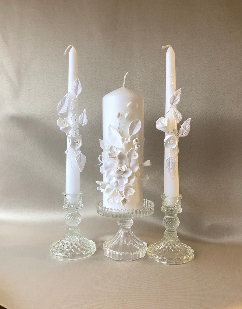 White Wedding Candles White Unity Candle Set Botanik Unity Candle Set Floral Wedding Candle Set Engagement Candles Unity Candle Set Wedding image 1