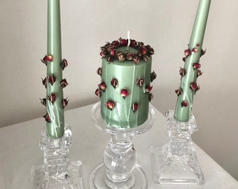 Green Unity Candle Set Botanic Table Candle Floral Wedding Candles Ceremony Candles Wedding candles Botanical Pillar Candles Gest Favors