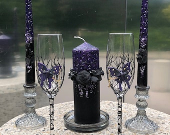 Set of 8: Halloween Wedding flutes with black Rose Wedding Black Purple Wedding Glasses Black Purple Candles Moth Wedding Unity candle set