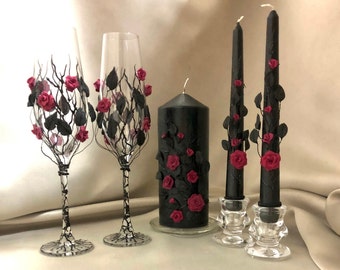 Halloween Wedding Glasses Halloween Wine Glasses Black Red Wedding Glasses Black Red Flutes Black Red Roses Black with Red Roses Halloween