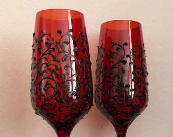 Vino Negro Gafas Rojas Velas de Boda Negro Rojo Unity Vela Set Velas Góticas Boda de Halloween Velas de Halloween Negro Rojo Regalo de Boda