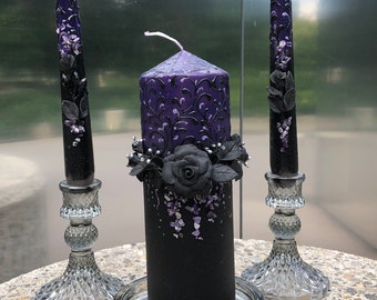 Black Purple Wedding Candles Black Purple Unity Candle Set Gothic Candles Halloween Wedding Halloween Candles Black Wedding Hochzeitskerzen