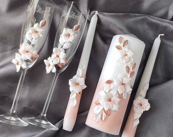 Set of 5: engraved Wedding flutes with flowers Floral Wedding Botanical Wedding Unity candle set personalised wedding glasses wedding gift