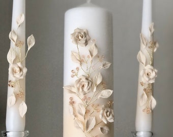 Ivory Wedding Candles Ivory Unity Candle Set Floral Candles Floral Wedding Candles Rustic Candles Wedding Roses Candles with Roses Ivory Set