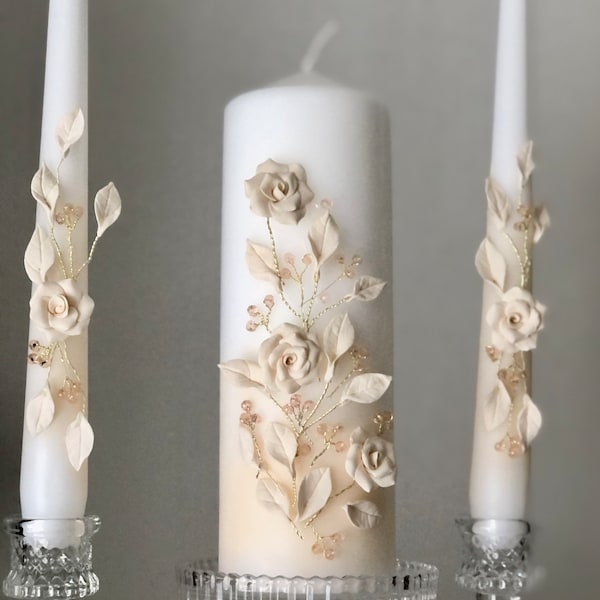 Ivory Wedding Candles Ivory Unity Candle Set Floral Candles Floral Wedding Candles Rustic Candles Wedding Roses Candles with Roses Ivory Set